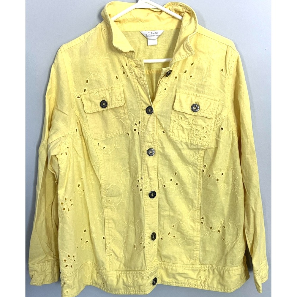 CJ‎ Banks Shirt Jacket Womens 1X Yellow Linen Blend Eyelet Embroidered Button Up